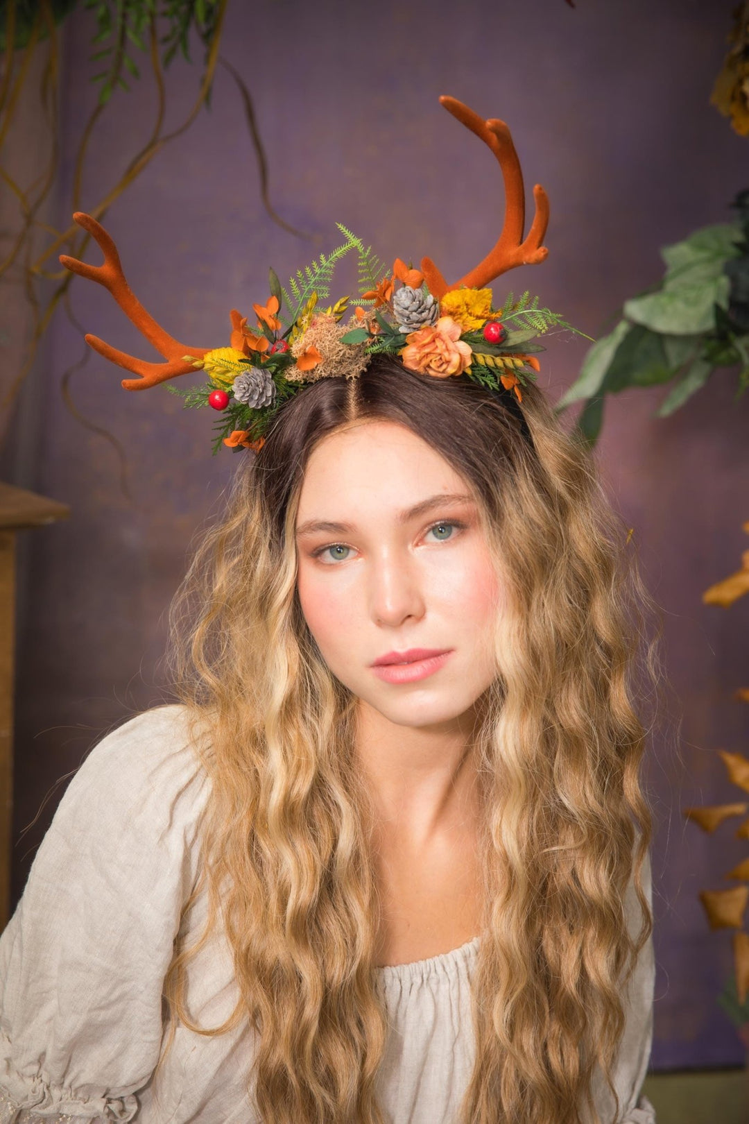 Autumn Antler Crown: Woodland Flower Headband, Pagan Festival – handmade floral hair accessory by magaela