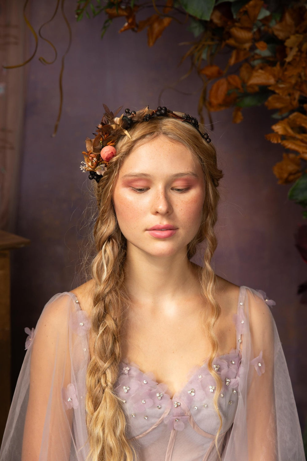 Autumn Flower Headband: Peony, Blackberries & Feathers – handmade floral hair accessory by magaela