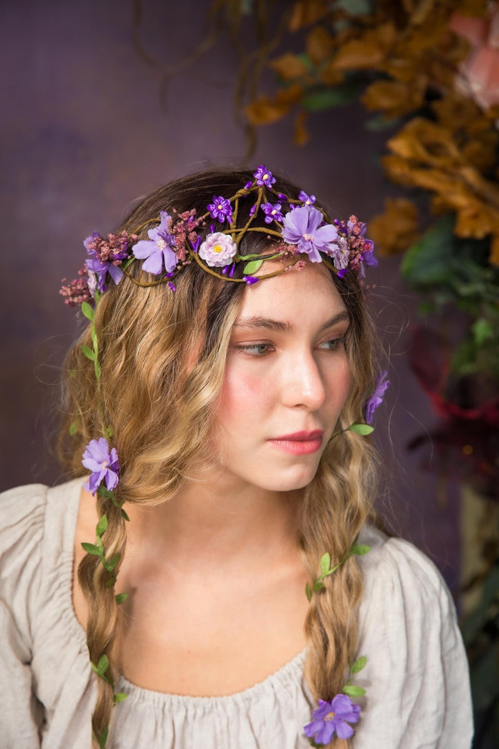 Bridal Flower Hair Wreath with Veil: Blue & Purple Fairy Crown – handmade floral hair accessory by magaela