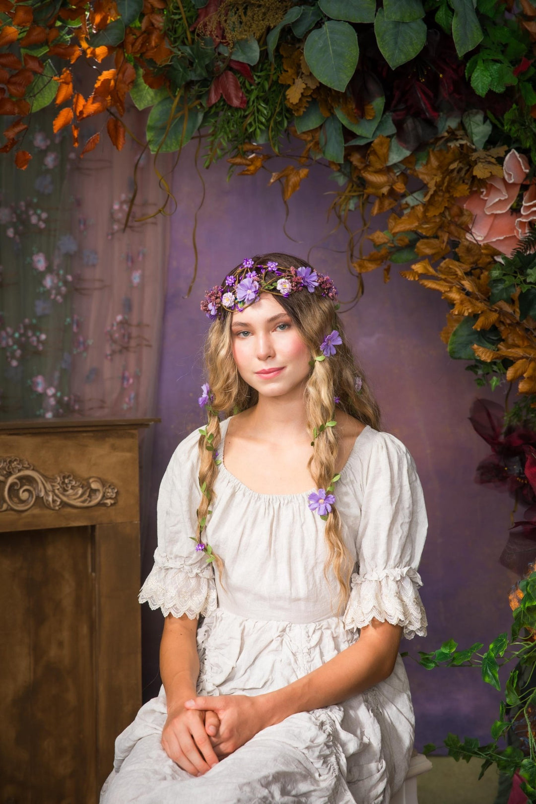 Bridal Flower Hair Wreath with Veil: Blue & Purple Fairy Crown – handmade floral hair accessory by magaela