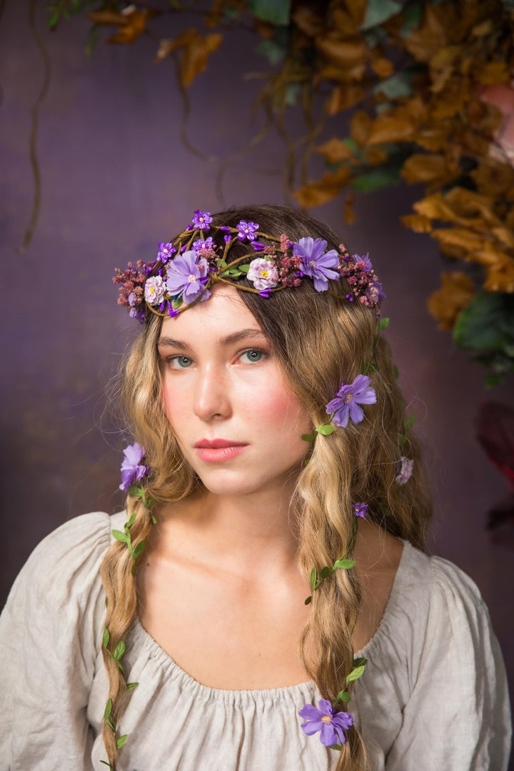 Bridal Flower Hair Wreath with Veil: Blue & Purple Fairy Crown – handmade floral hair accessory by magaela