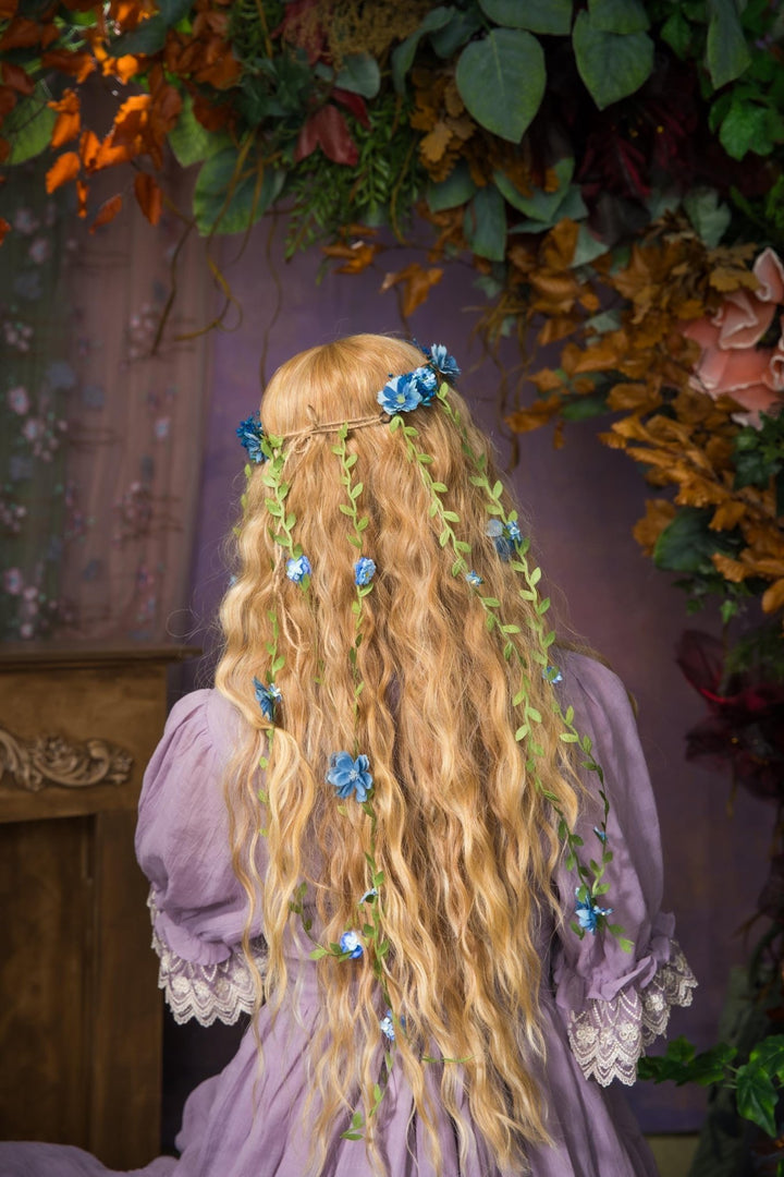 Bridal Flower Hair Wreath with Veil: Blue & Purple Fairy Crown – handmade floral hair accessory by magaela