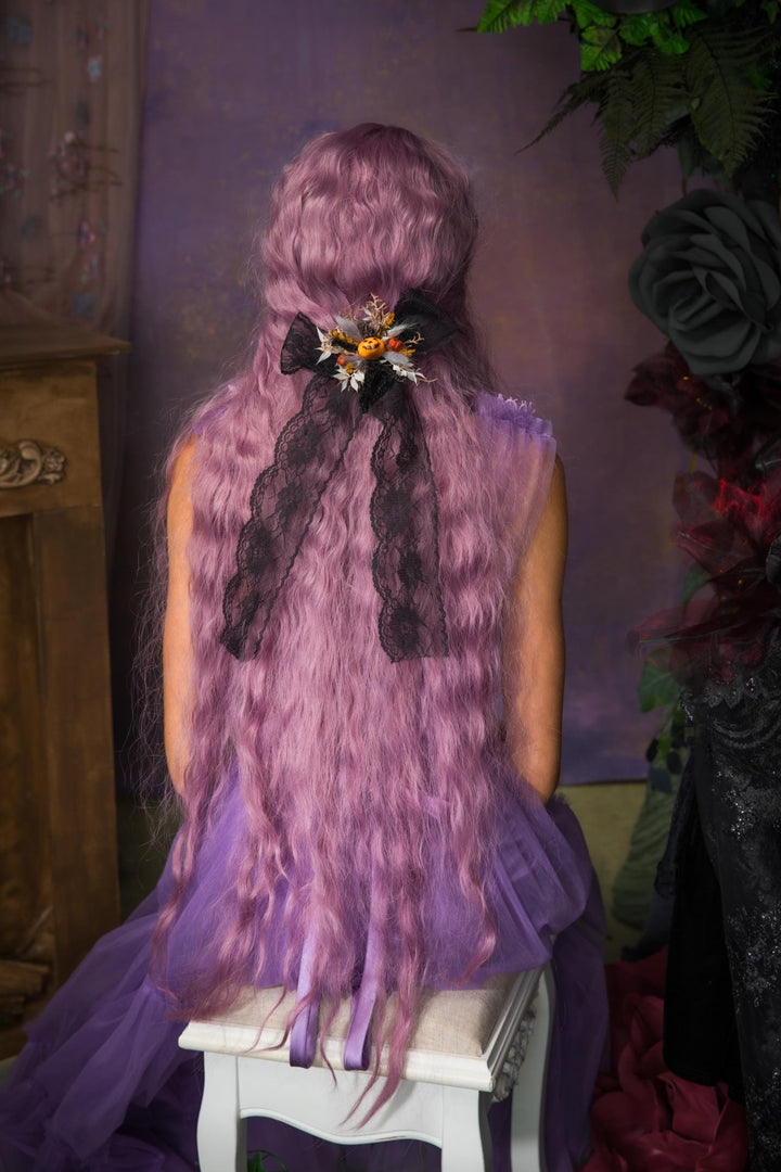 Halloween Pumpkin Hair Clip: Black Lace Bow, Gothic Autumn Headpiece – handmade floral hair accessory by magaela