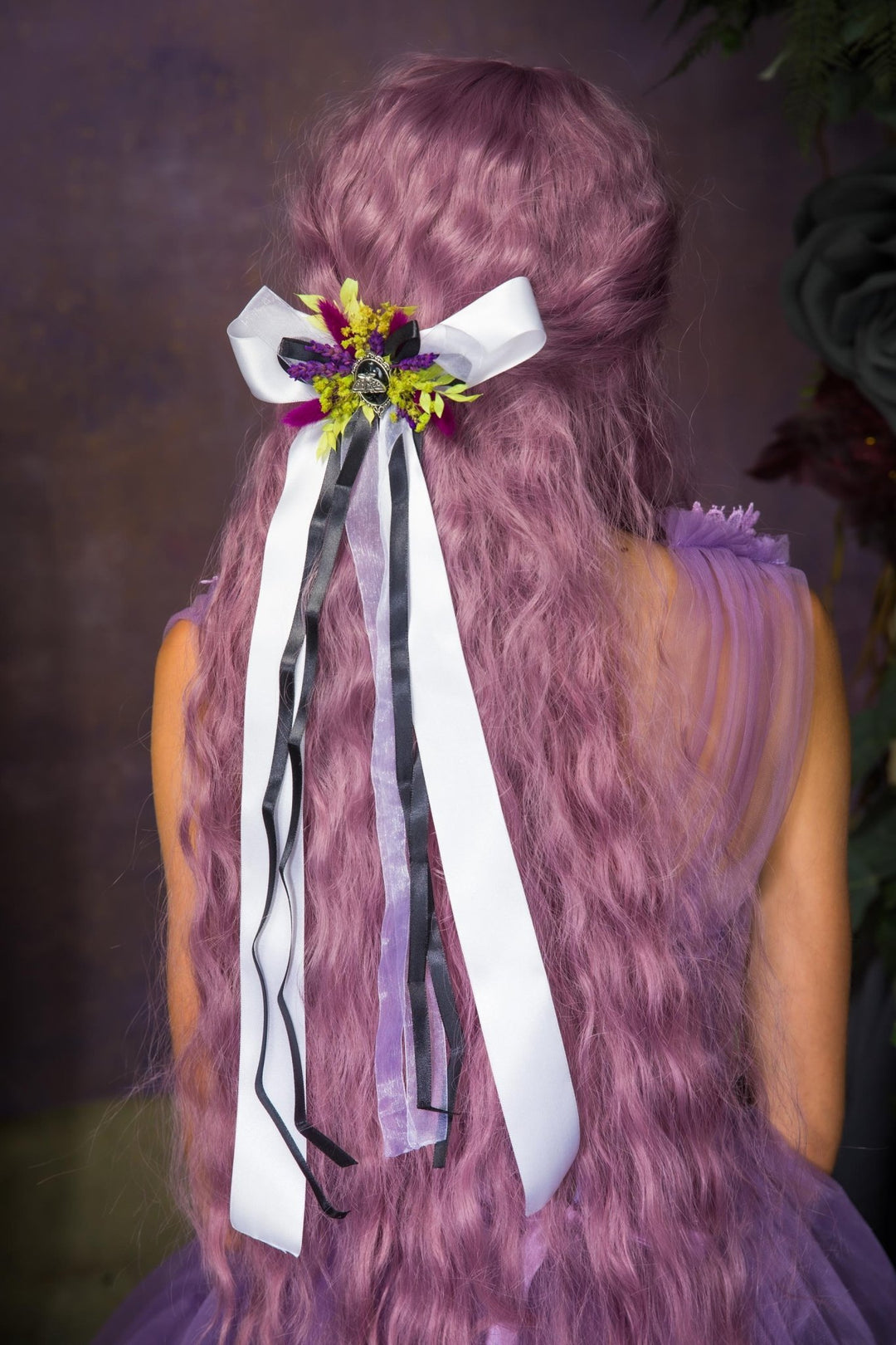 Halloween Hair Clip: Purple Yellow Floral Beetlejuice Bow – handmade floral hair accessory by magaela