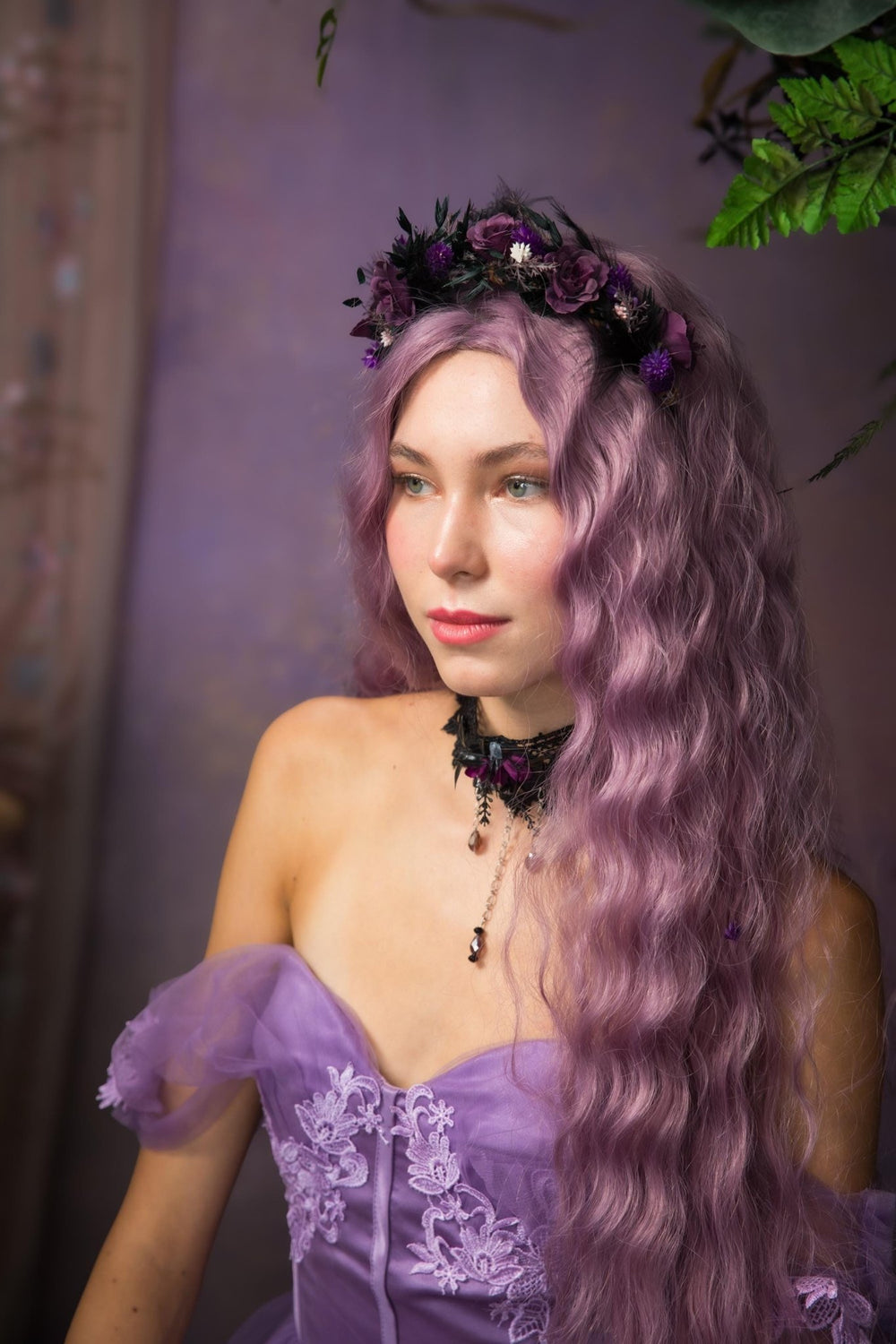 Purple Flower Headband and Choker Set: Gothic Autumn Wedding – handmade floral hair accessory by magaela