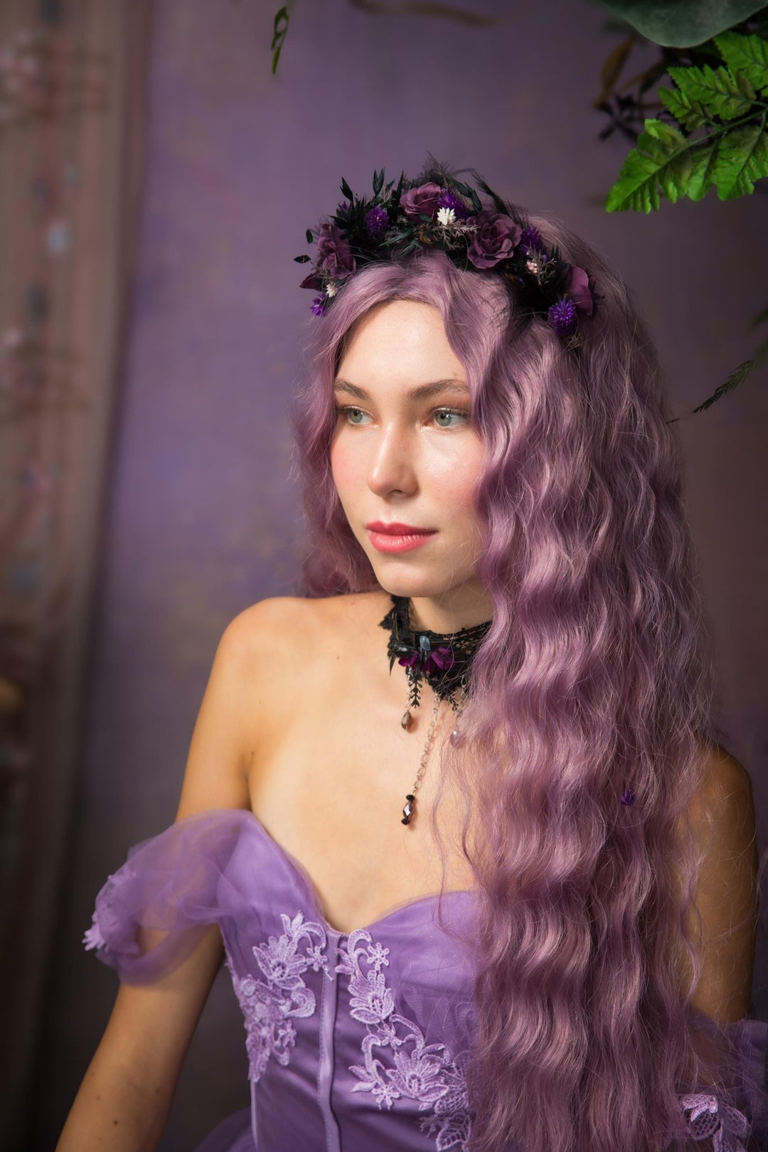Purple Flower Headband and Choker Set: Gothic Autumn Wedding – handmade floral hair accessory by magaela