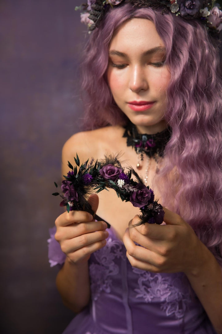 Purple Flower Headband and Choker Set: Gothic Autumn Wedding – handmade floral hair accessory by magaela