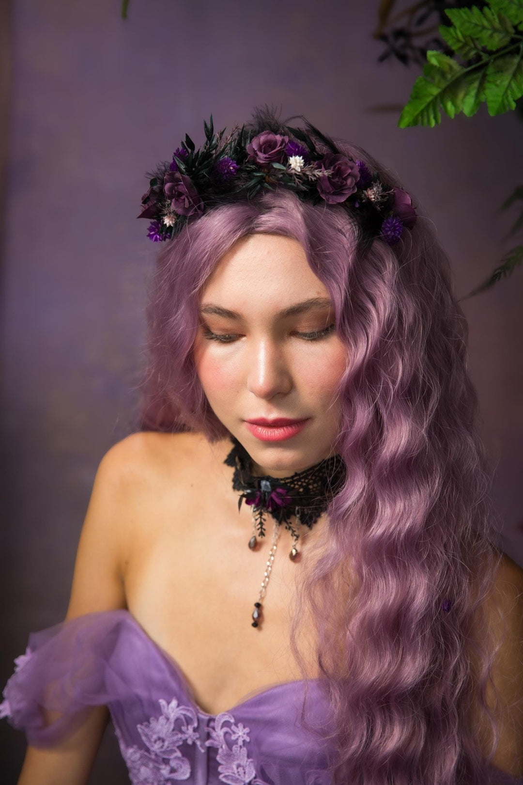 Purple Flower Headband and Choker Set: Gothic Autumn Wedding – handmade floral hair accessory by magaela