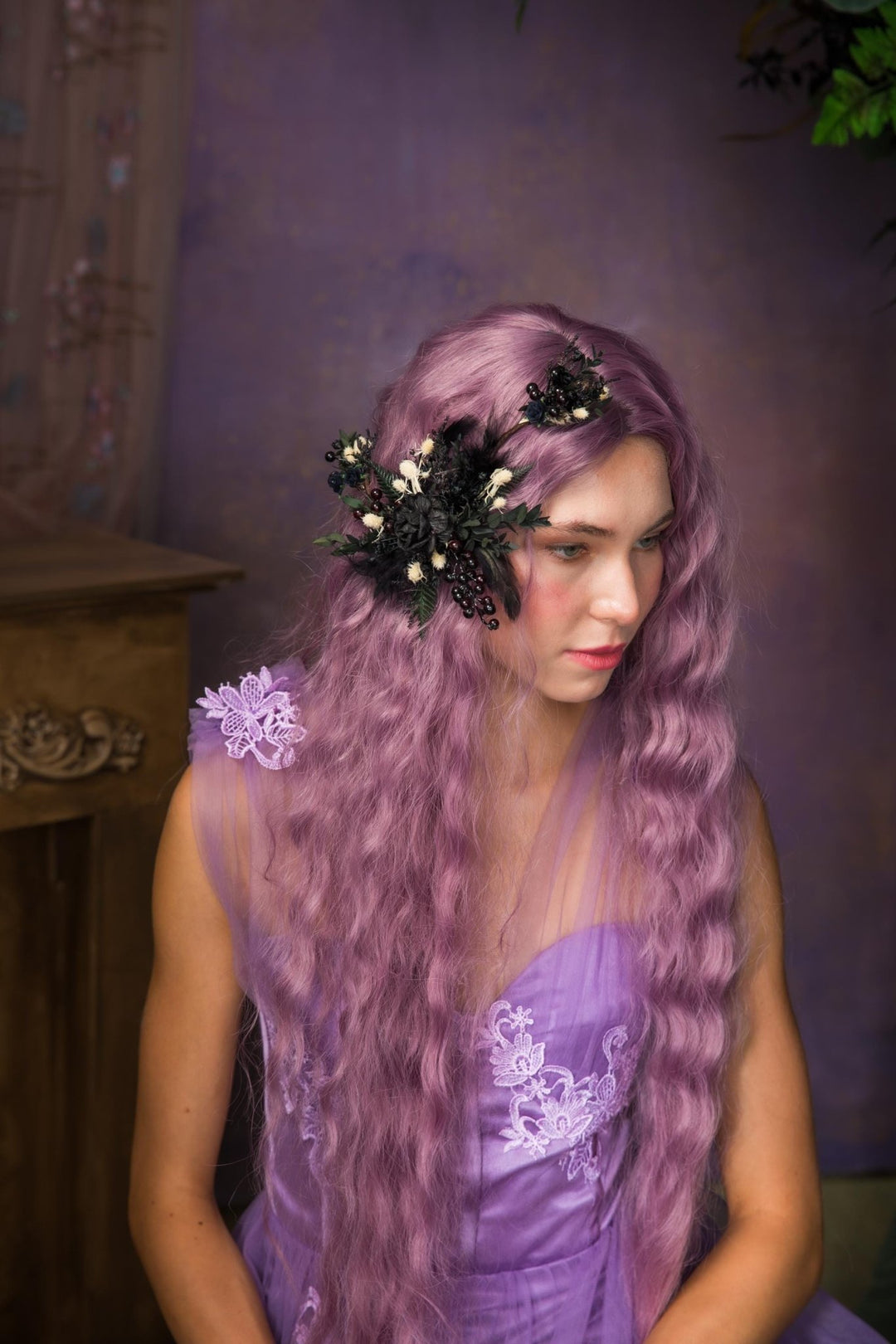 Gothic Wedding Hair Vine: Black Rose, Fern & Blackberry Hairpiece – handmade floral hair accessory by magaela