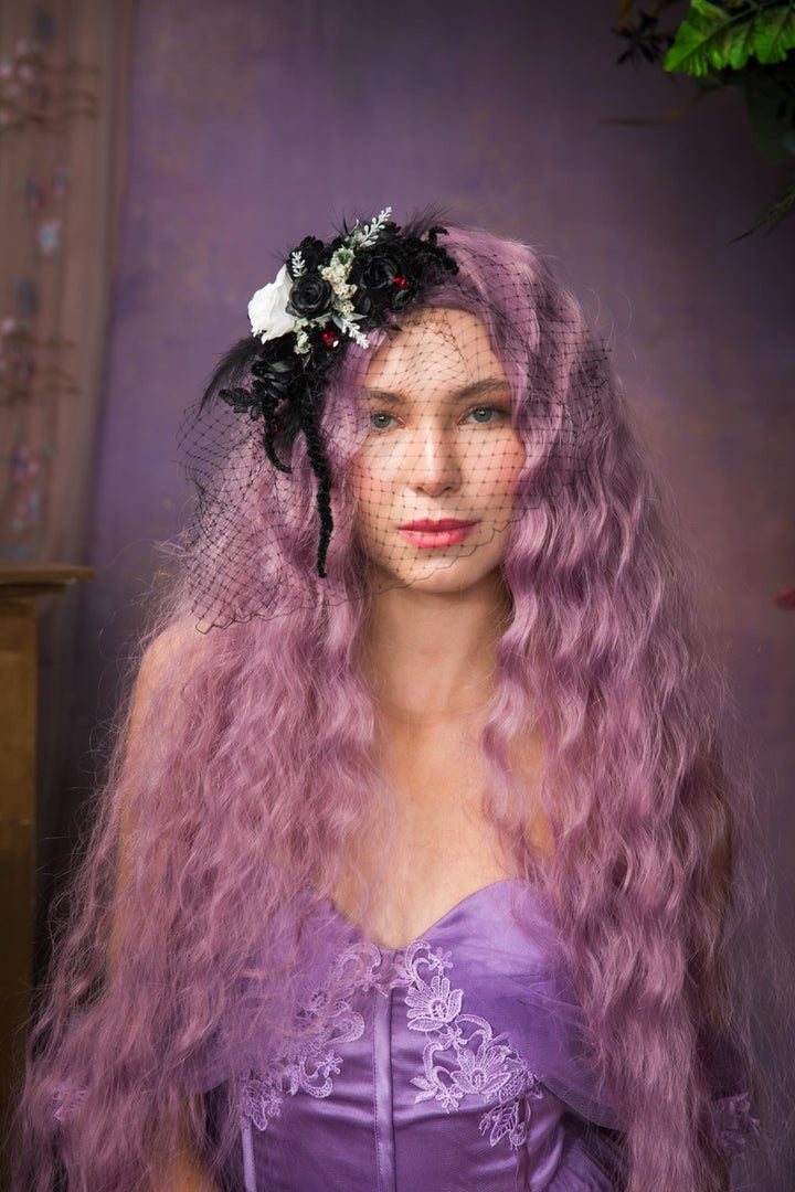 Gothic Wedding Fascinator: Black & White Rose Hair Clip with Birdcage Veil – handmade floral hair accessory by magaela