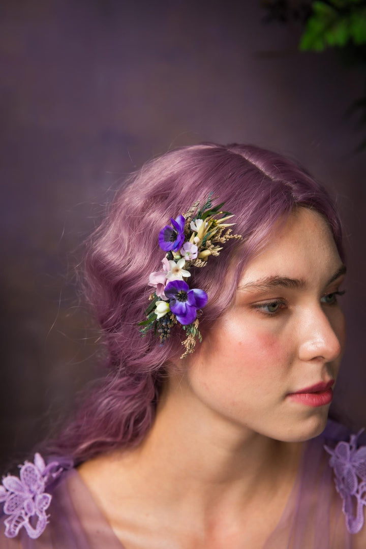 Violet Flower Hair Comb: Purple Bridal Hair Accessory – handmade floral hair accessory by magaela
