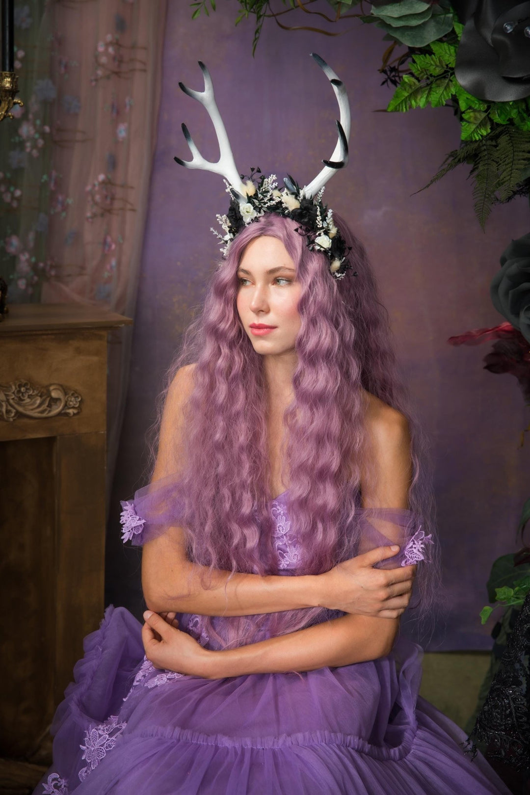 Halloween Antlers Crown: Black & White Woodland Headpiece – handmade floral hair accessory by magaela