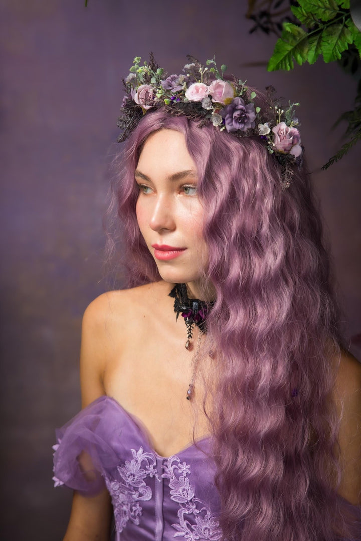 Purple Pink Flower Half Wreath: Boho Bridal Hair Accessory – handmade floral hair accessory by magaela