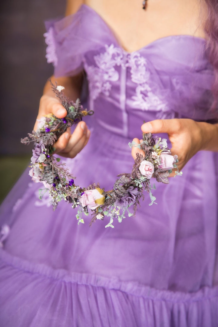 Purple Pink Flower Half Wreath: Boho Bridal Hair Accessory – handmade floral hair accessory by magaela