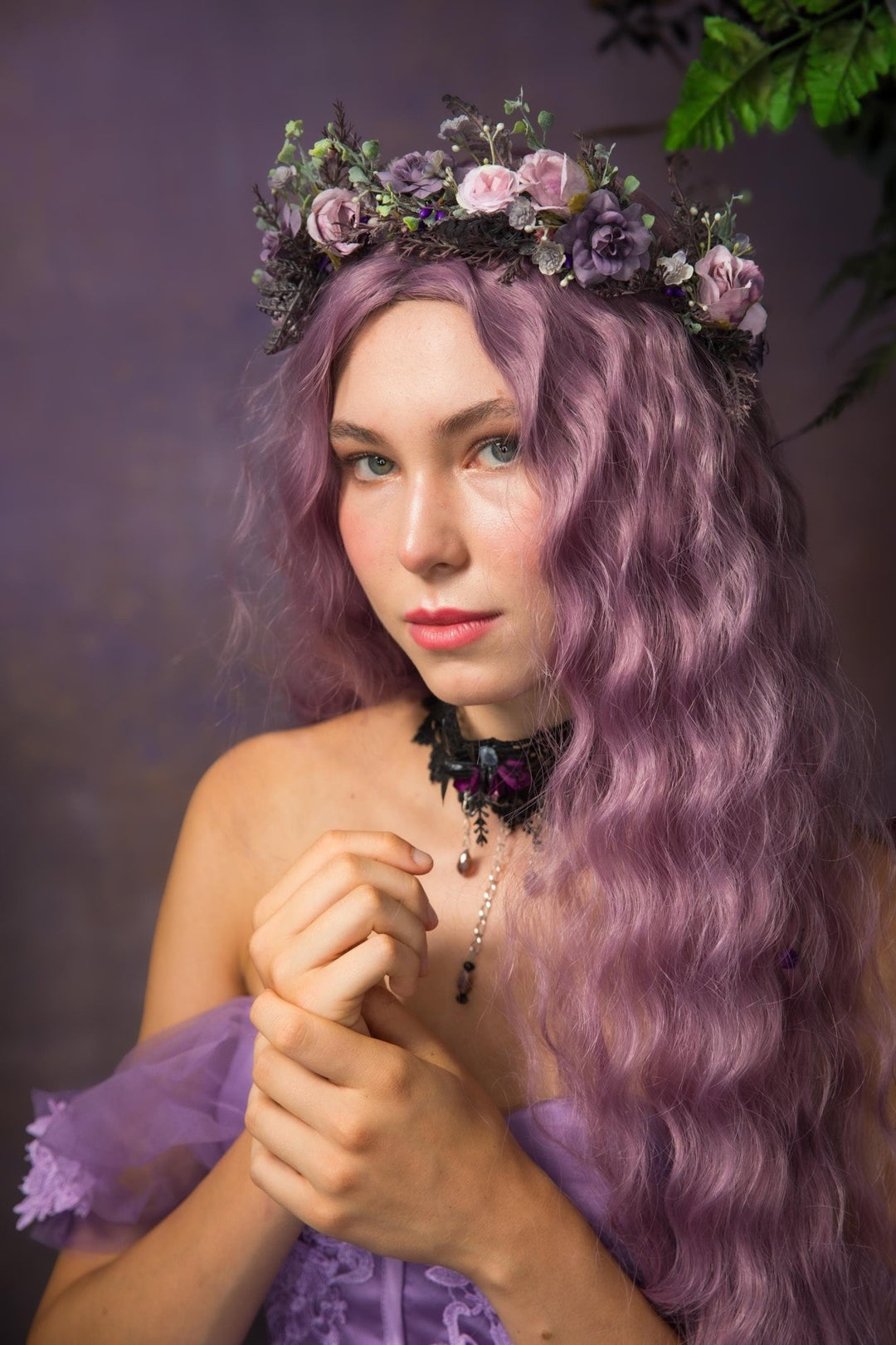 Purple Pink Flower Half Wreath: Boho Bridal Hair Accessory – handmade floral hair accessory by magaela
