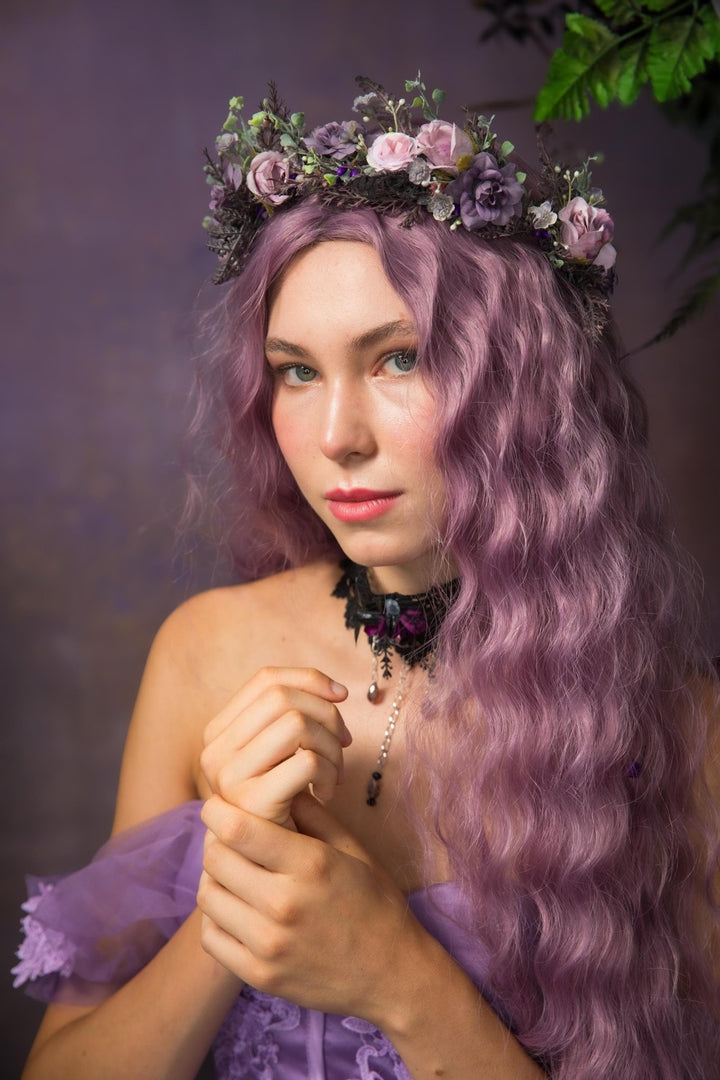 Purple Pink Flower Half Wreath: Boho Bridal Hair Accessory – handmade floral hair accessory by magaela