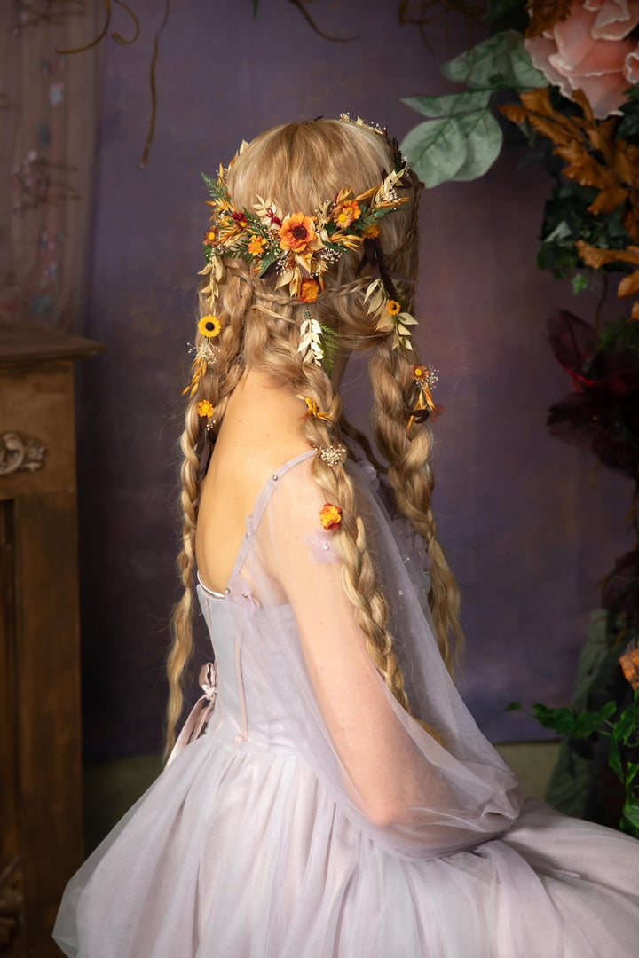 Autumn Sunflower Hair Wreath: Bridal Flower Hair Vine & Clips – handmade floral hair accessory by magaela