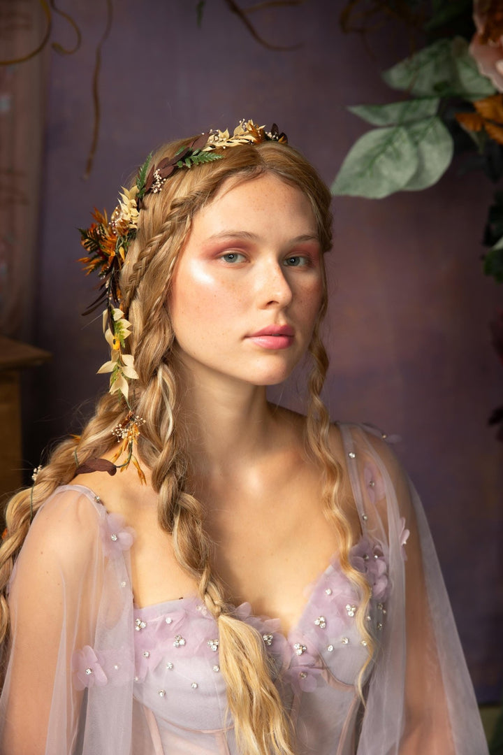 Autumn Sunflower Hair Wreath: Bridal Flower Hair Vine & Clips – handmade floral hair accessory by magaela