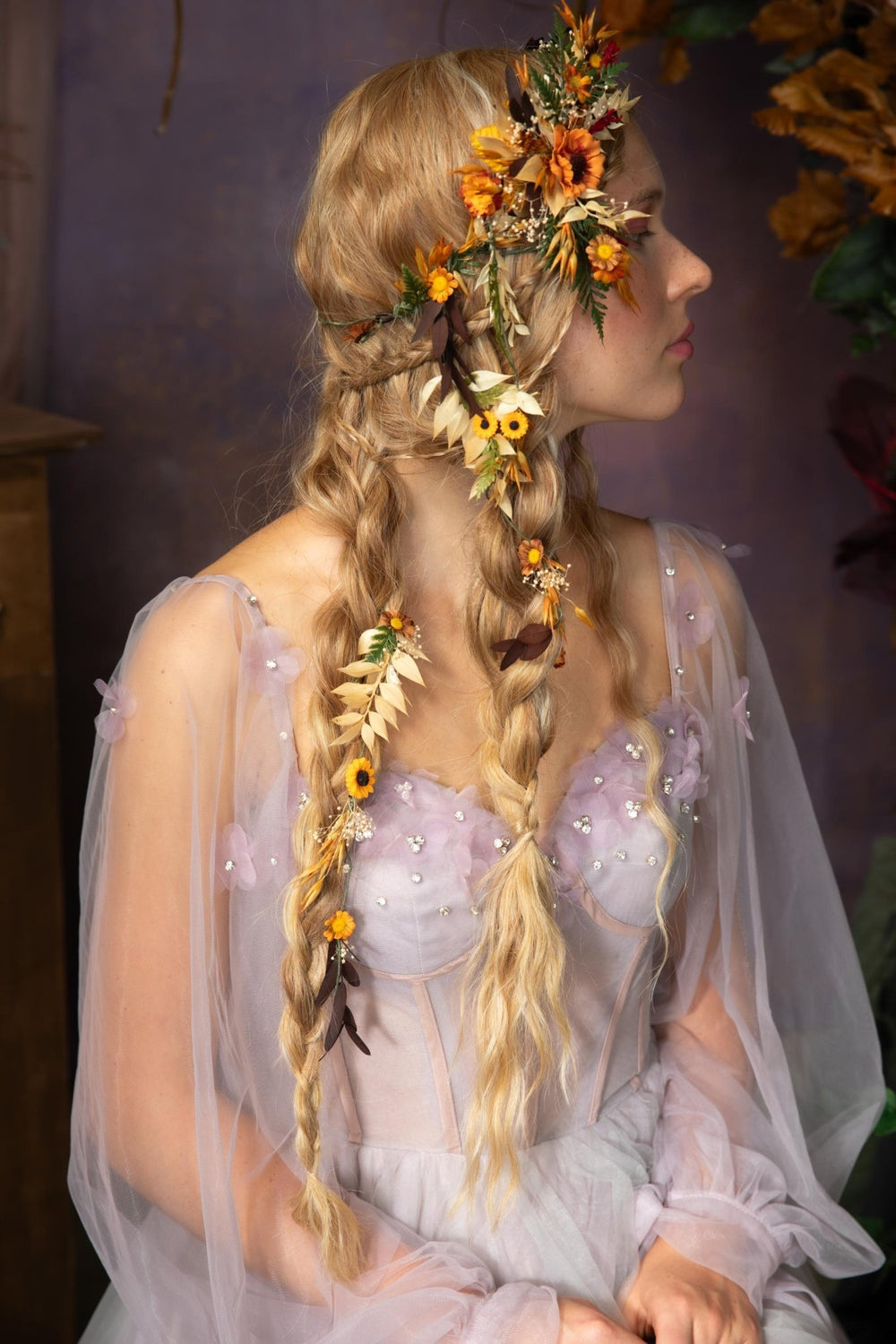 Autumn Sunflower Hair Wreath: Bridal Flower Hair Vine & Clips – handmade floral hair accessory by magaela