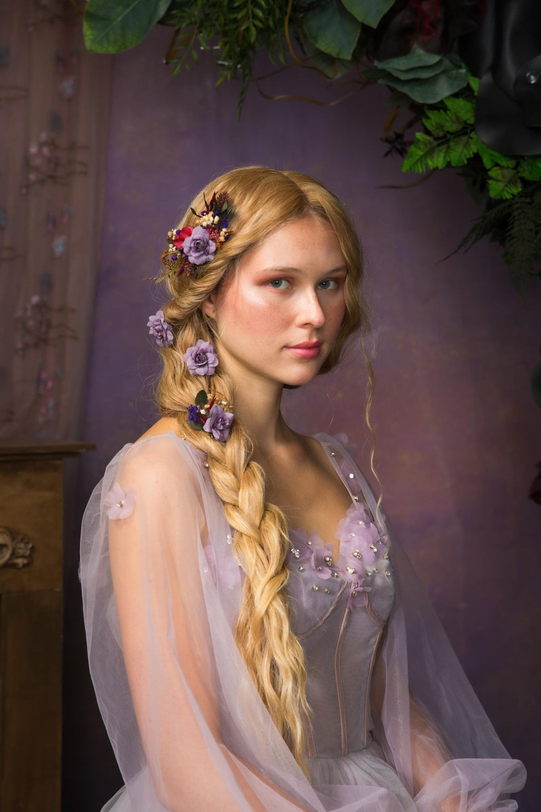 Purple Flower Hair Comb & Pins: Bridal Violet Hair Accessories – handmade floral hair accessory by magaela