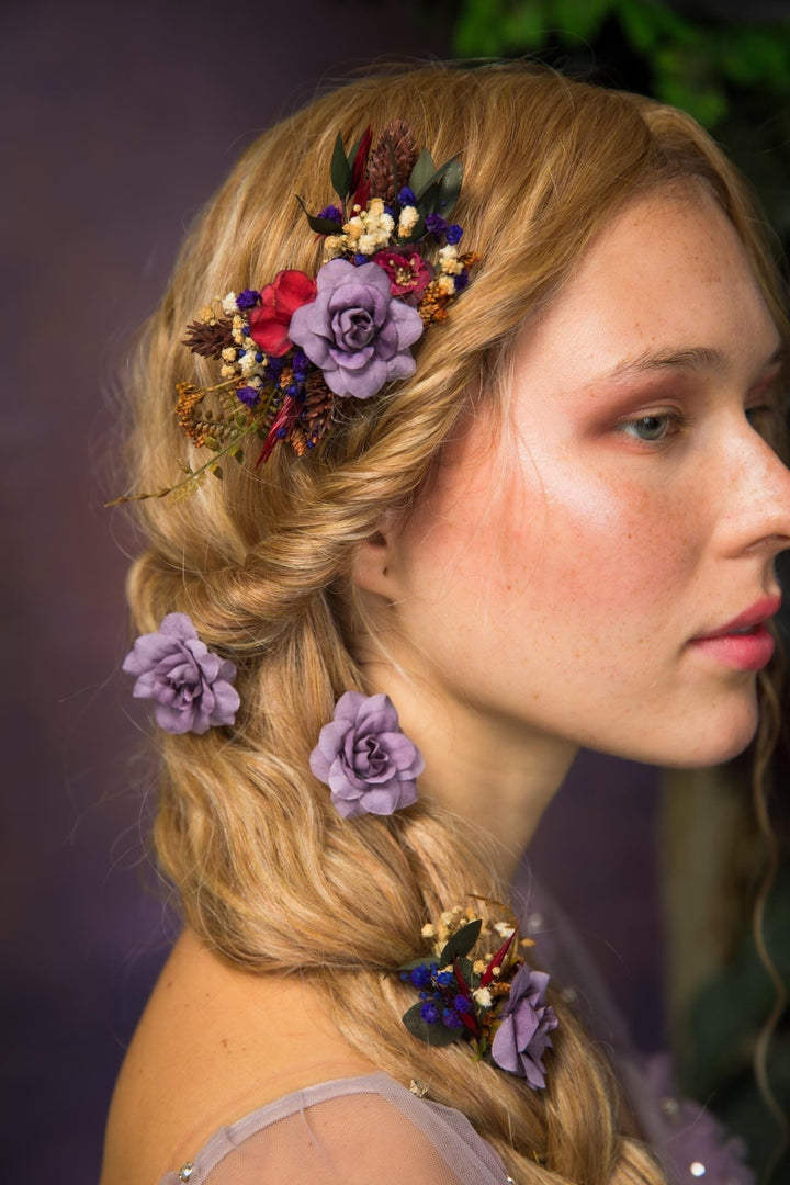 Purple Flower Hair Comb & Pins: Bridal Violet Hair Accessories – handmade floral hair accessory by magaela