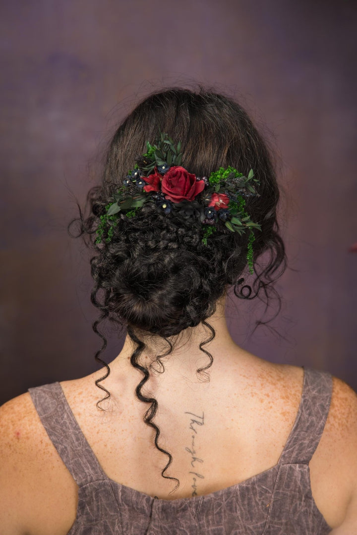 Burgundy Rose Bridal Hair Comb: Autumn Gothic Wedding Hairpiece – handmade floral hair accessory by magaela