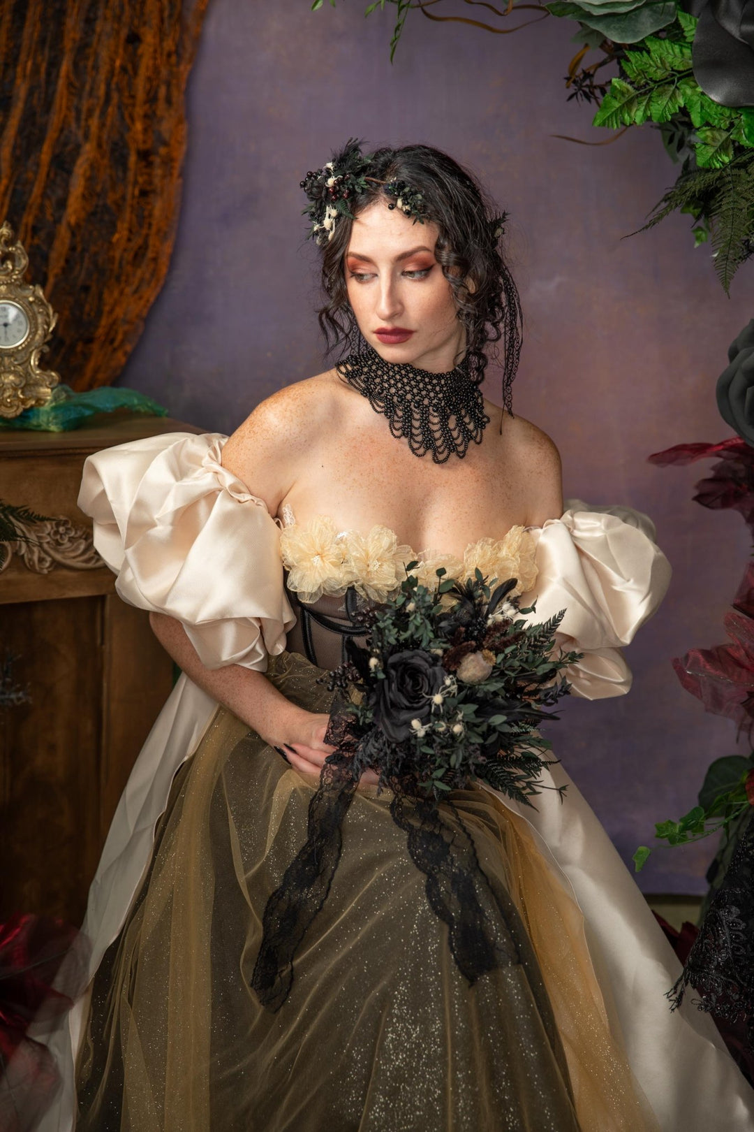 Black Gothic Wedding Bouquet: Dark Artificial Flower Bridal Bouquet – handmade floral hair accessory by magaela