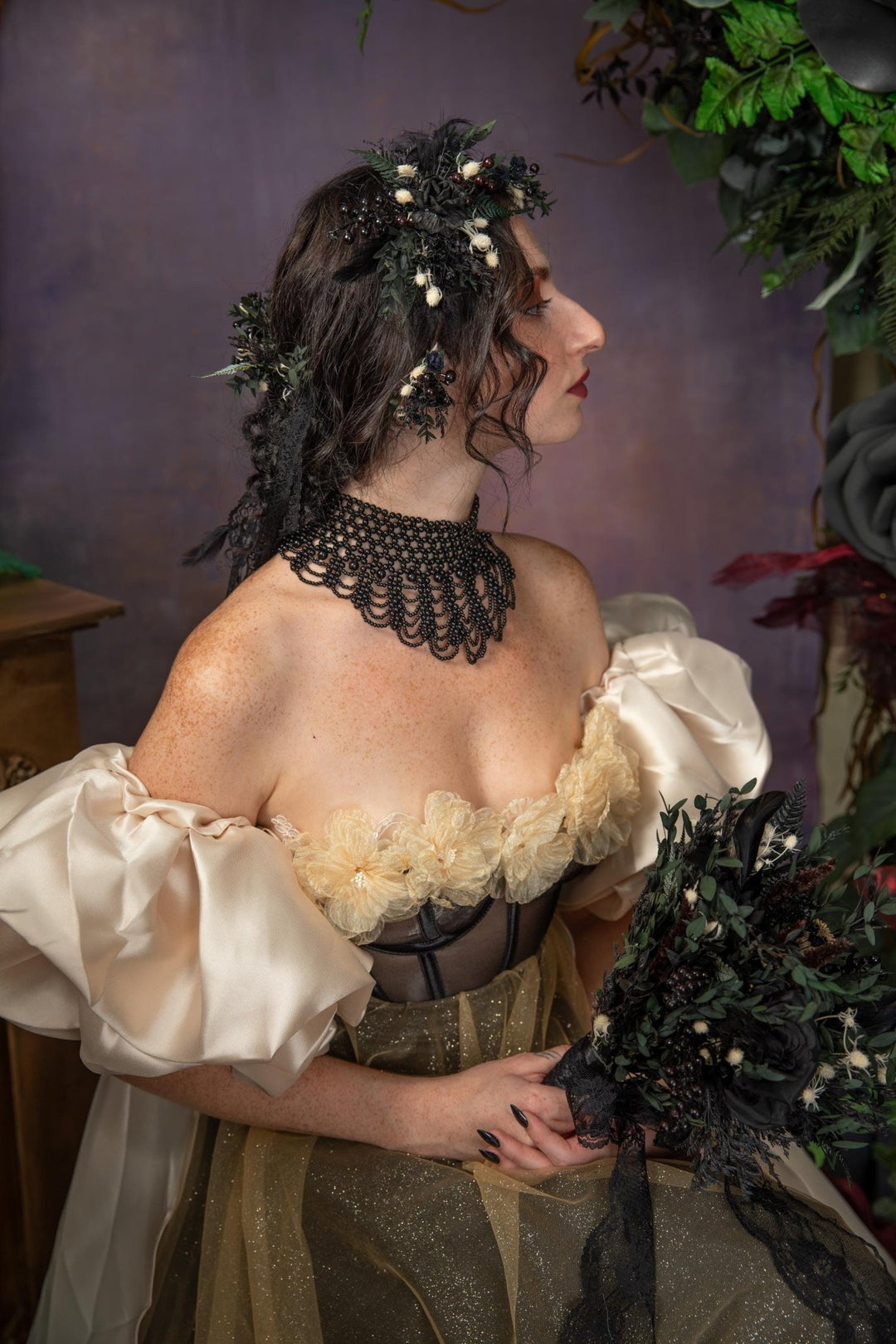 Gothic Wedding Hair Vine: Black Rose, Fern & Blackberry Hairpiece – handmade floral hair accessory by magaela