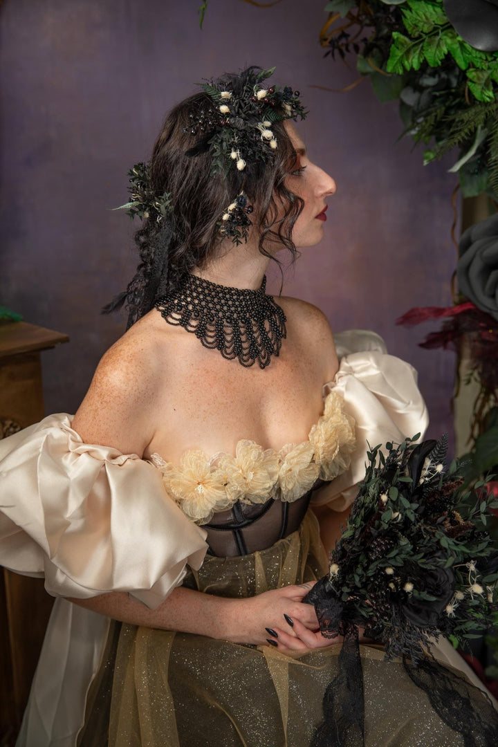 Gothic Wedding Hair Vine: Black Rose, Fern & Blackberry Hairpiece – handmade floral hair accessory by magaela