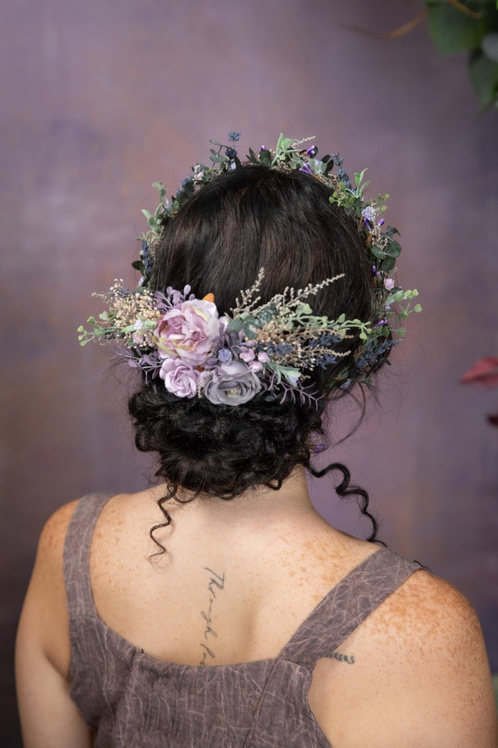 Purple Flower Hair Wreath and Comb: Boho Bridal Hair Accessories – handmade floral hair accessory by magaela
