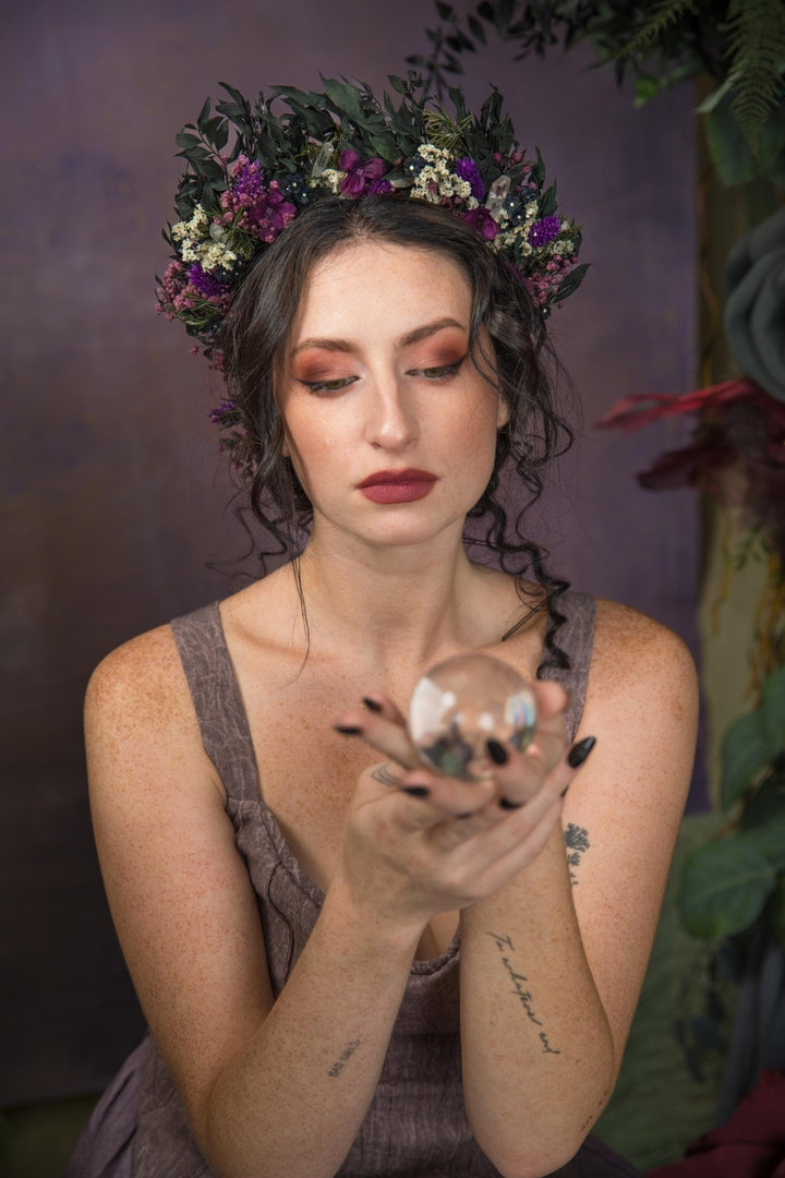 Purple Crystal Bridal Crown: Gothic Flower Headband, Halloween Wedding – handmade floral hair accessory by magaela