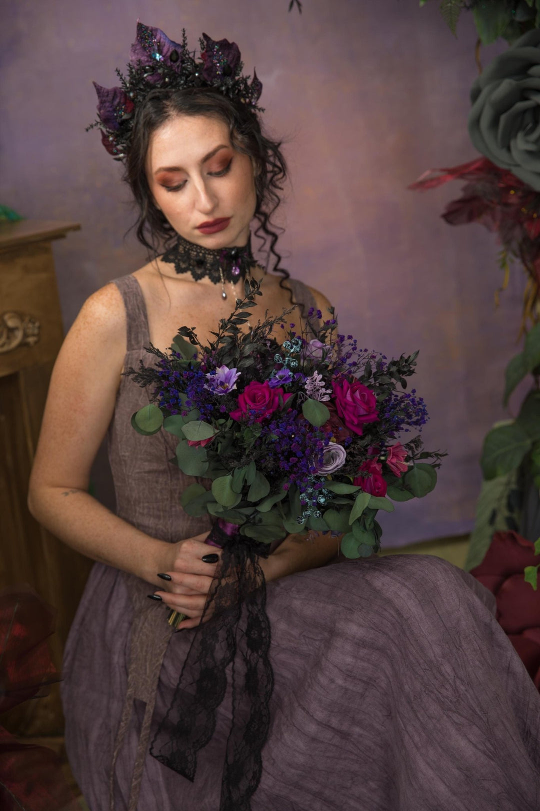 Purple Magenta Flower Bouquet: Autumn Gothic Wedding Bridal Bouquet – handmade floral hair accessory by magaela
