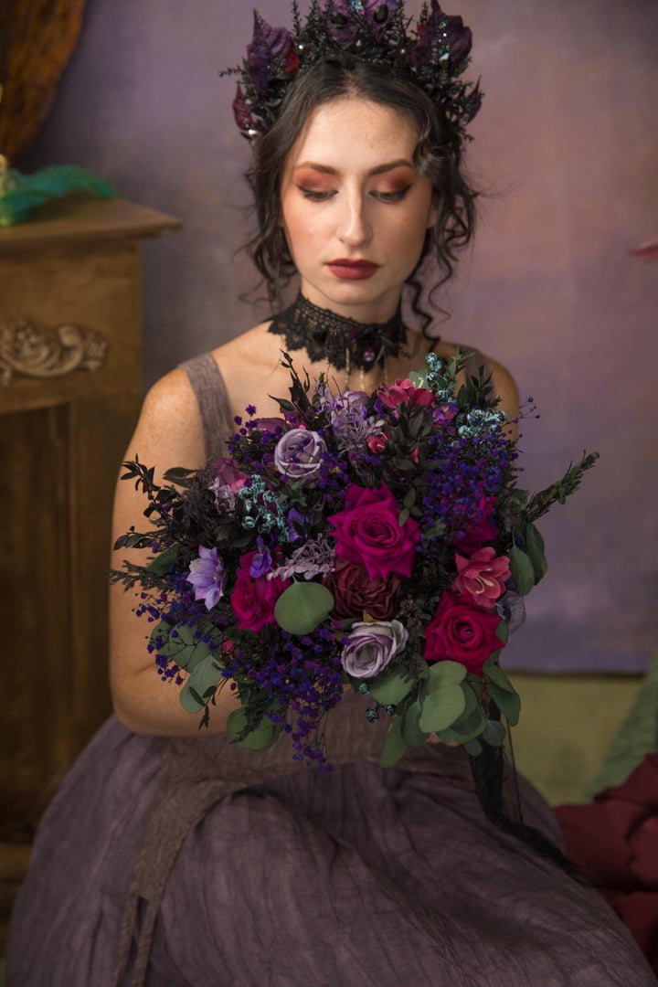 Purple Magenta Flower Bouquet: Autumn Gothic Wedding Bridal Bouquet – handmade floral hair accessory by magaela