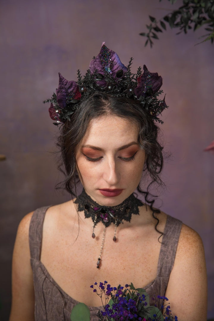 Purple Flower Bridal Crown: Gothic Crystal Headband, Halloween Wedding – handmade floral hair accessory by magaela