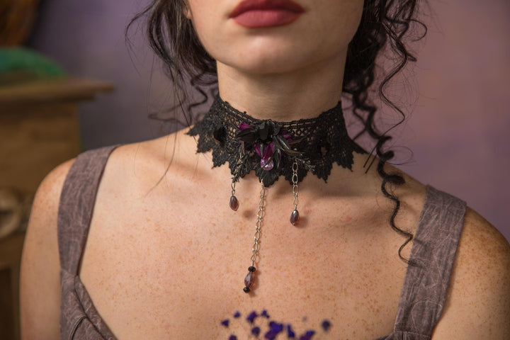 Gothic Lace Choker: Black Necklace with Purple Flowers & Chains – handmade floral hair accessory by magaela