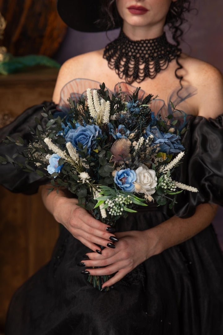 Blue Rose Bouquet: Gothic Wedding, Autumn Bridal Bouquet – handmade floral hair accessory by magaela