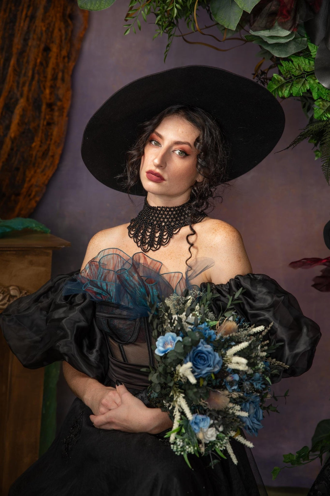 Blue Rose Bouquet: Gothic Wedding, Autumn Bridal Bouquet – handmade floral hair accessory by magaela
