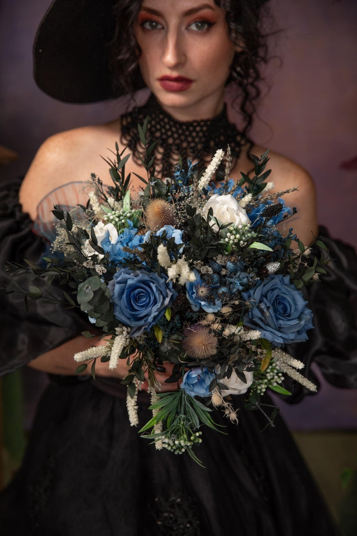 Blue Rose Bouquet: Gothic Wedding, Autumn Bridal Bouquet – handmade floral hair accessory by magaela