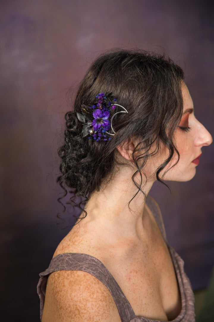 Halloween Moon Hair Clip: Purple Flower Gothic Wedding Accessory – handmade floral hair accessory by magaela