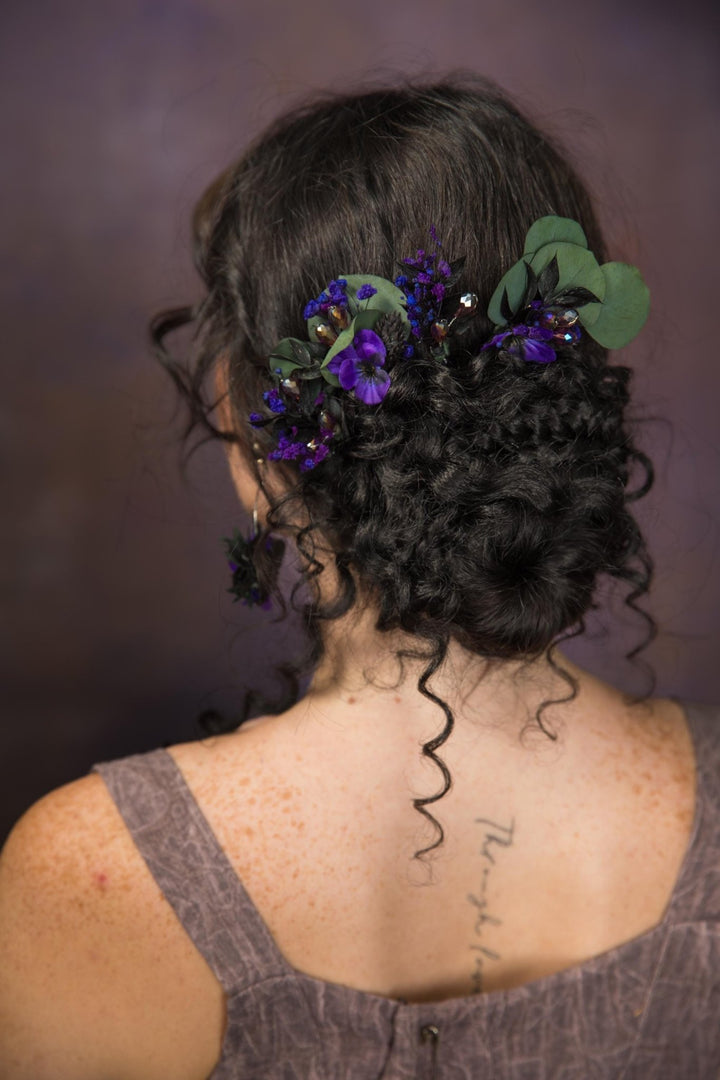 Purple Flower Hairpins: Violet Eucalyptus Bridal Hair Accessories – handmade floral hair accessory by magaela