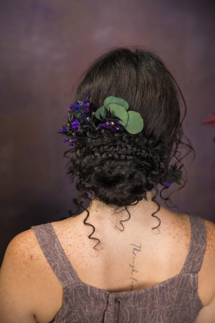Purple Flower Hairpins: Violet Eucalyptus Bridal Hair Accessories – handmade floral hair accessory by magaela