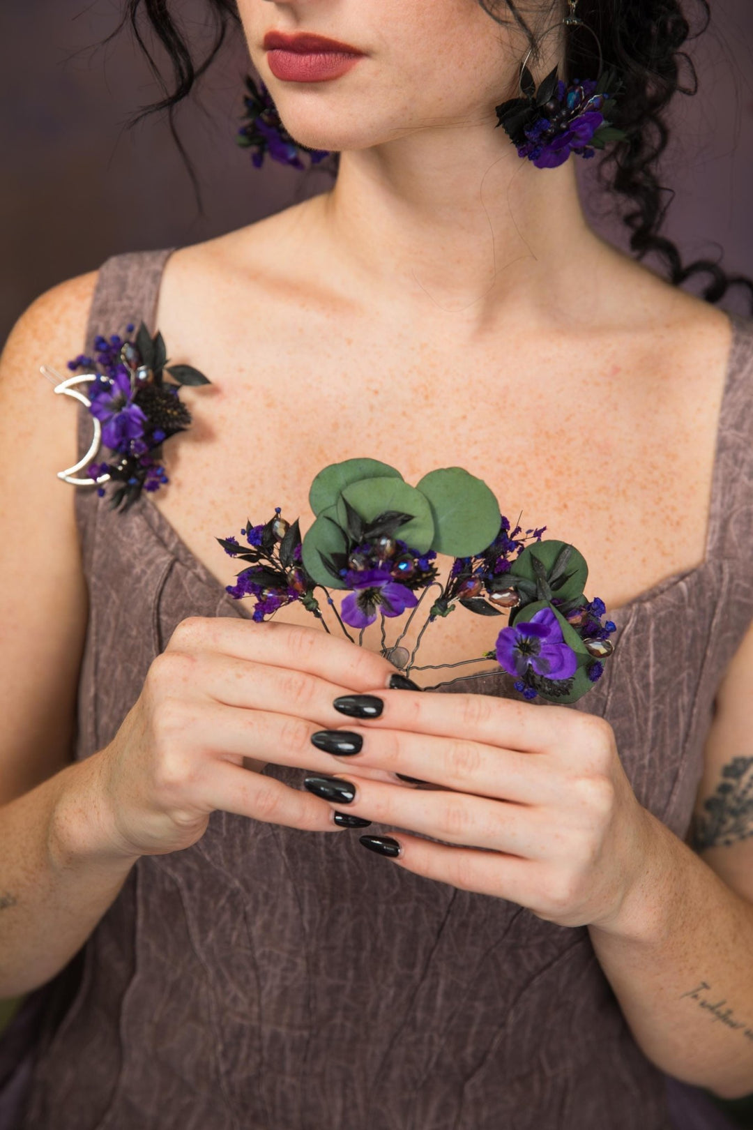 Purple Flower Hairpins: Violet Eucalyptus Bridal Hair Accessories – handmade floral hair accessory by magaela