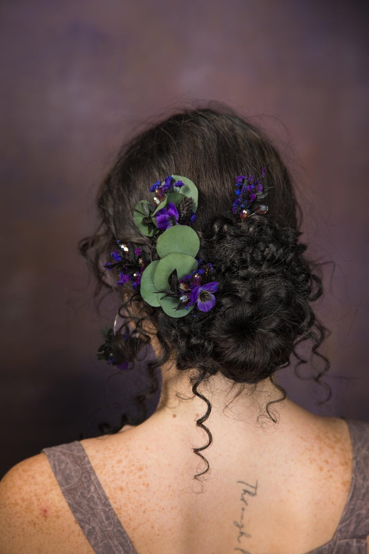Purple Flower Hairpins: Violet Eucalyptus Bridal Hair Accessories – handmade floral hair accessory by magaela