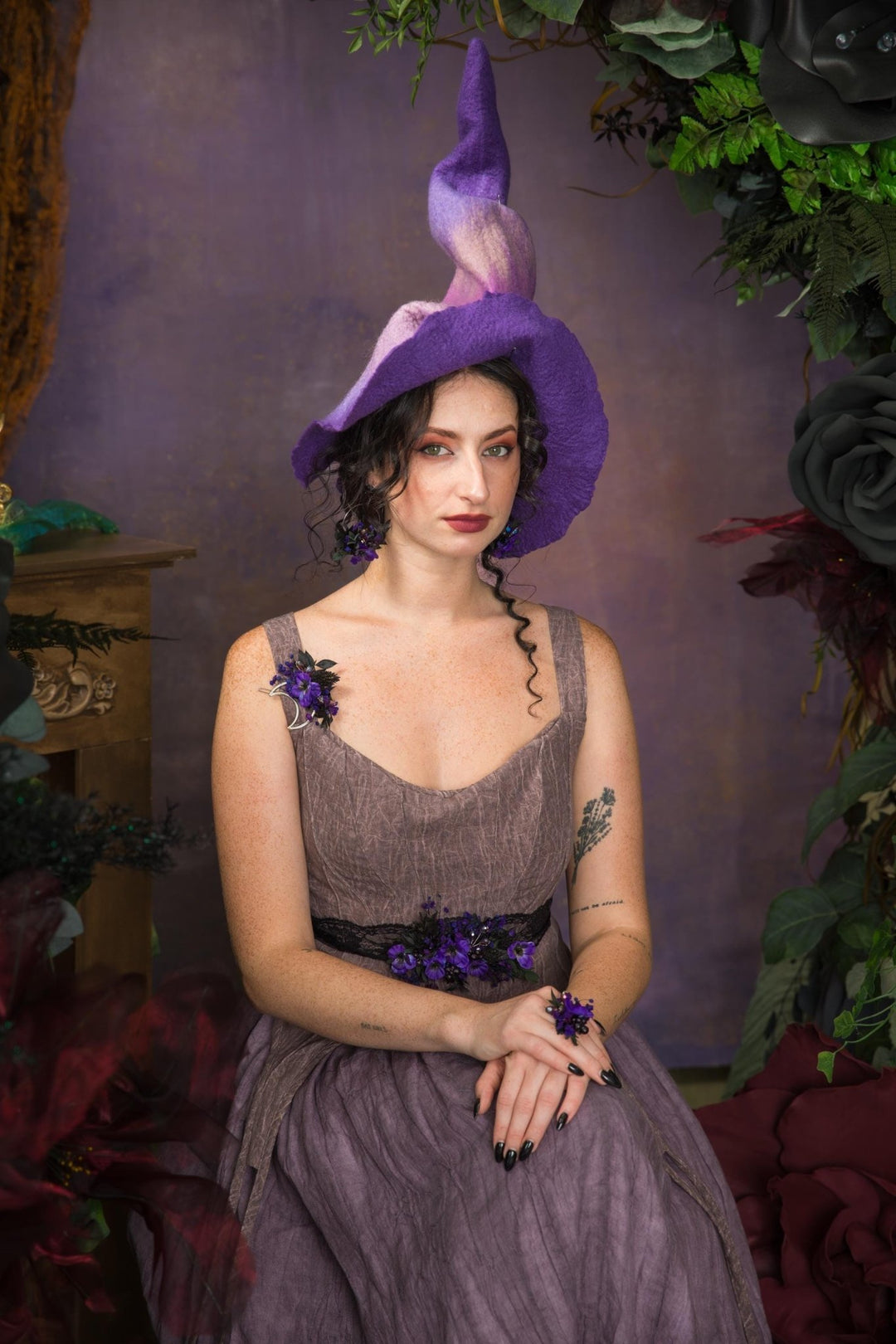 Purple Flower Ring: Boho Gothic Wedding Jewelry, Adjustable Ring – handmade floral hair accessory by magaela