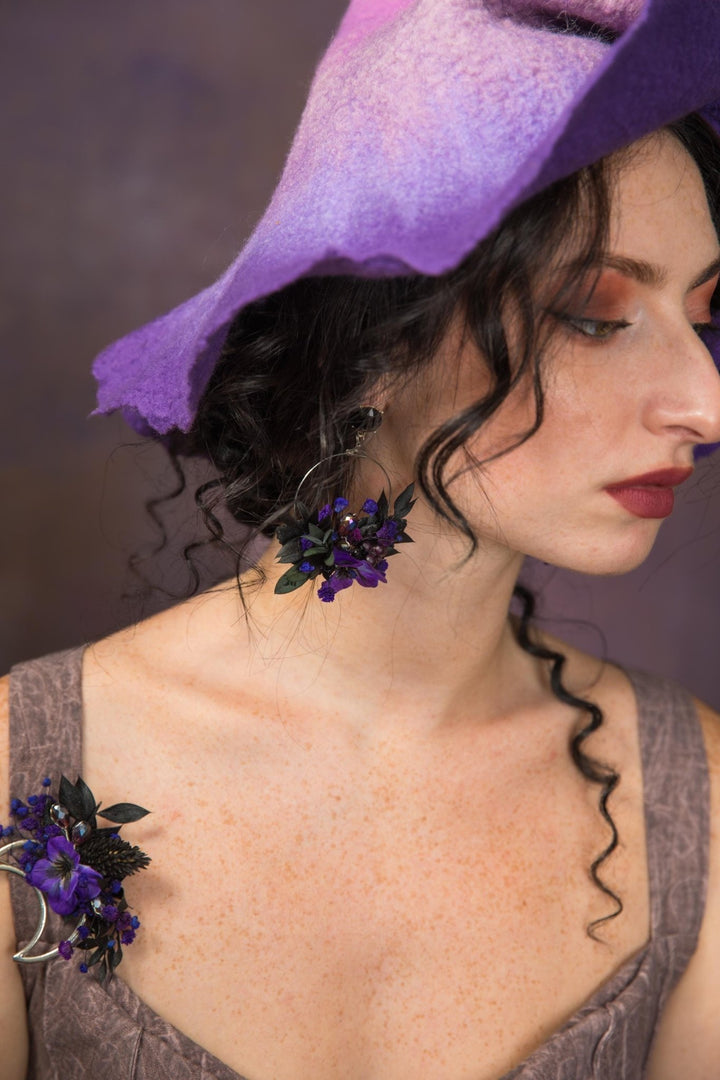 Purple Flower Circle Earrings: Gothic Wedding Jewelry – handmade floral hair accessory by magaela