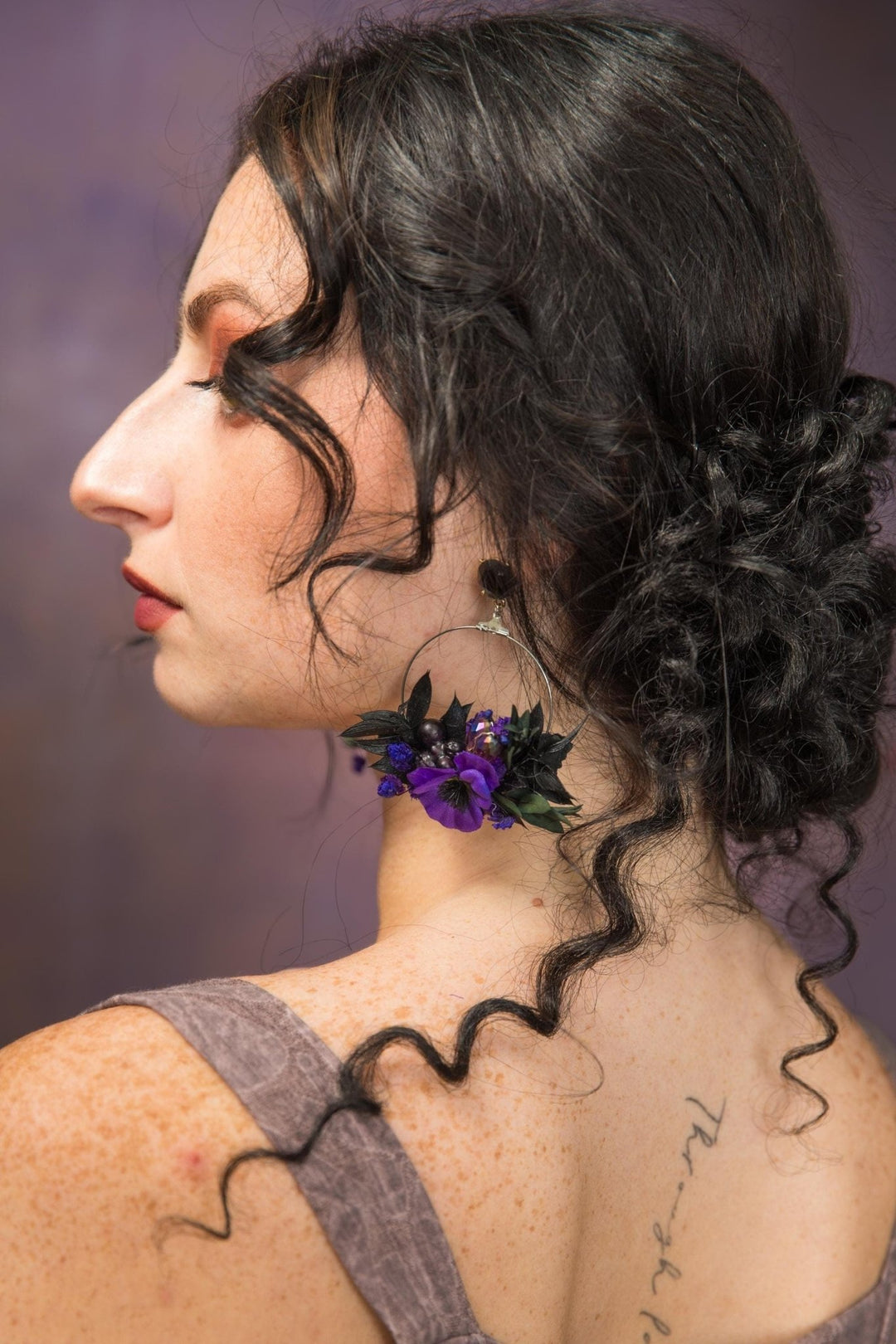Purple Flower Circle Earrings: Gothic Wedding Jewelry – handmade floral hair accessory by magaela