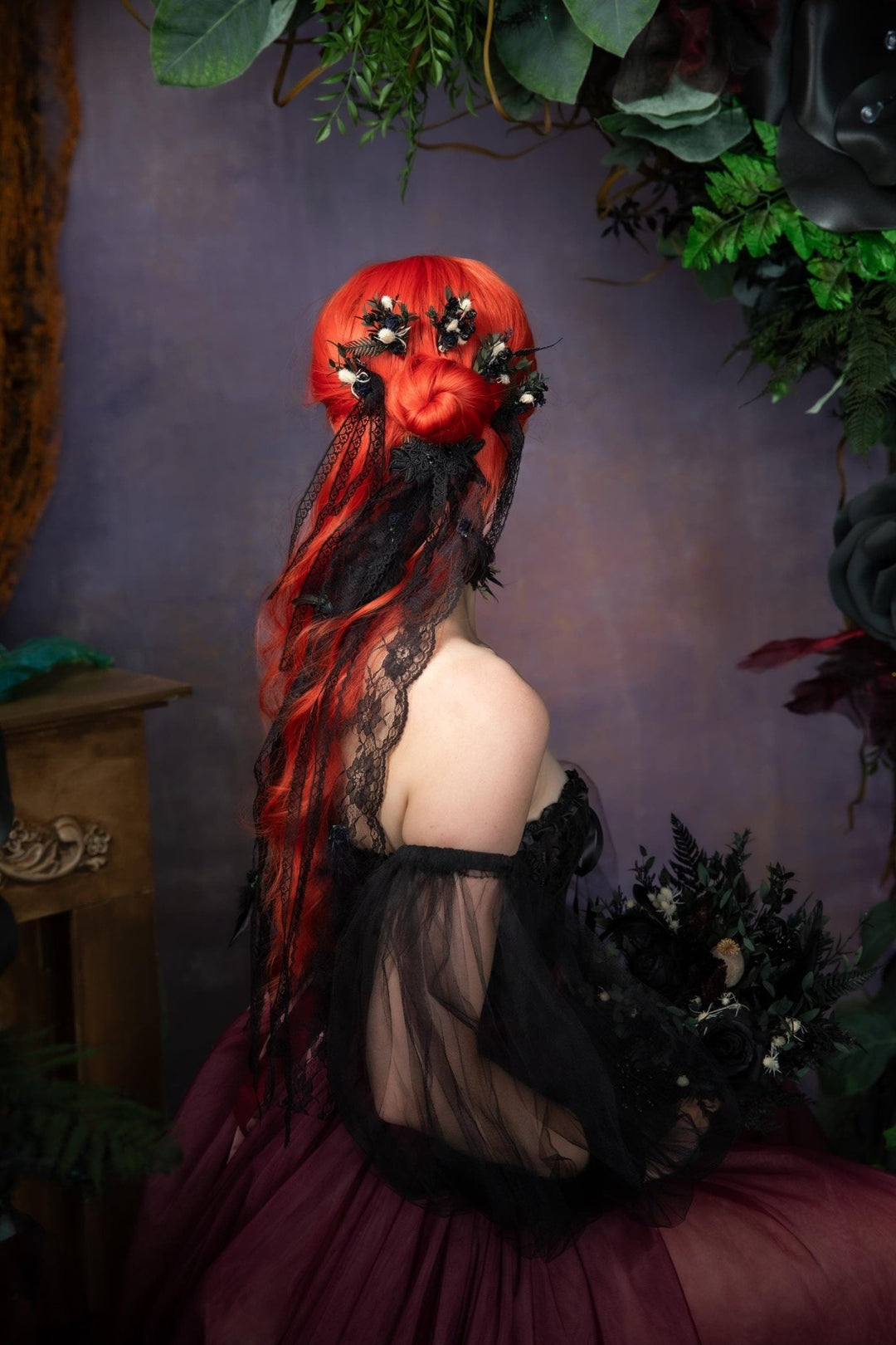 Gothic Wedding Black Lace Veil: Corpse Bride Flower Hairpins – handmade floral hair accessory by magaela