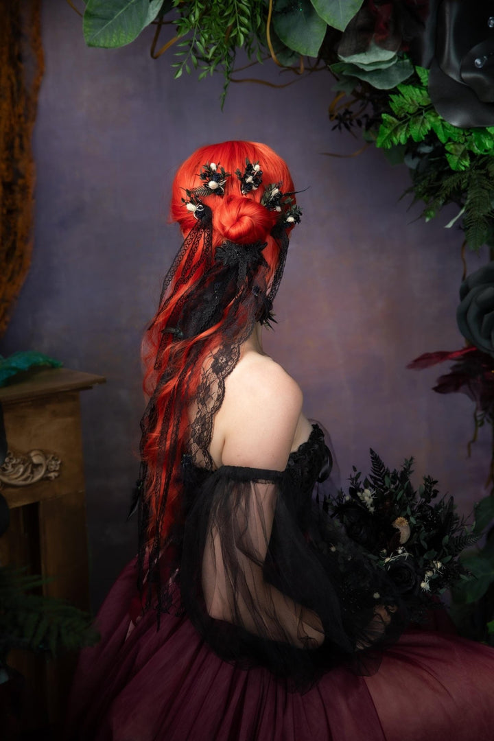 Gothic Wedding Black Lace Veil: Corpse Bride Flower Hairpins – handmade floral hair accessory by magaela