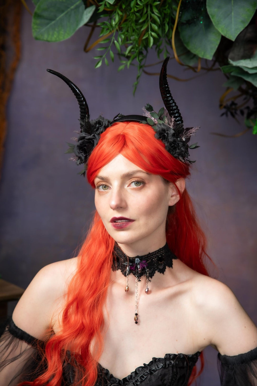 Black Horns Crown: Gothic Wedding Headpiece, Pagan Fest – handmade floral hair accessory by magaela