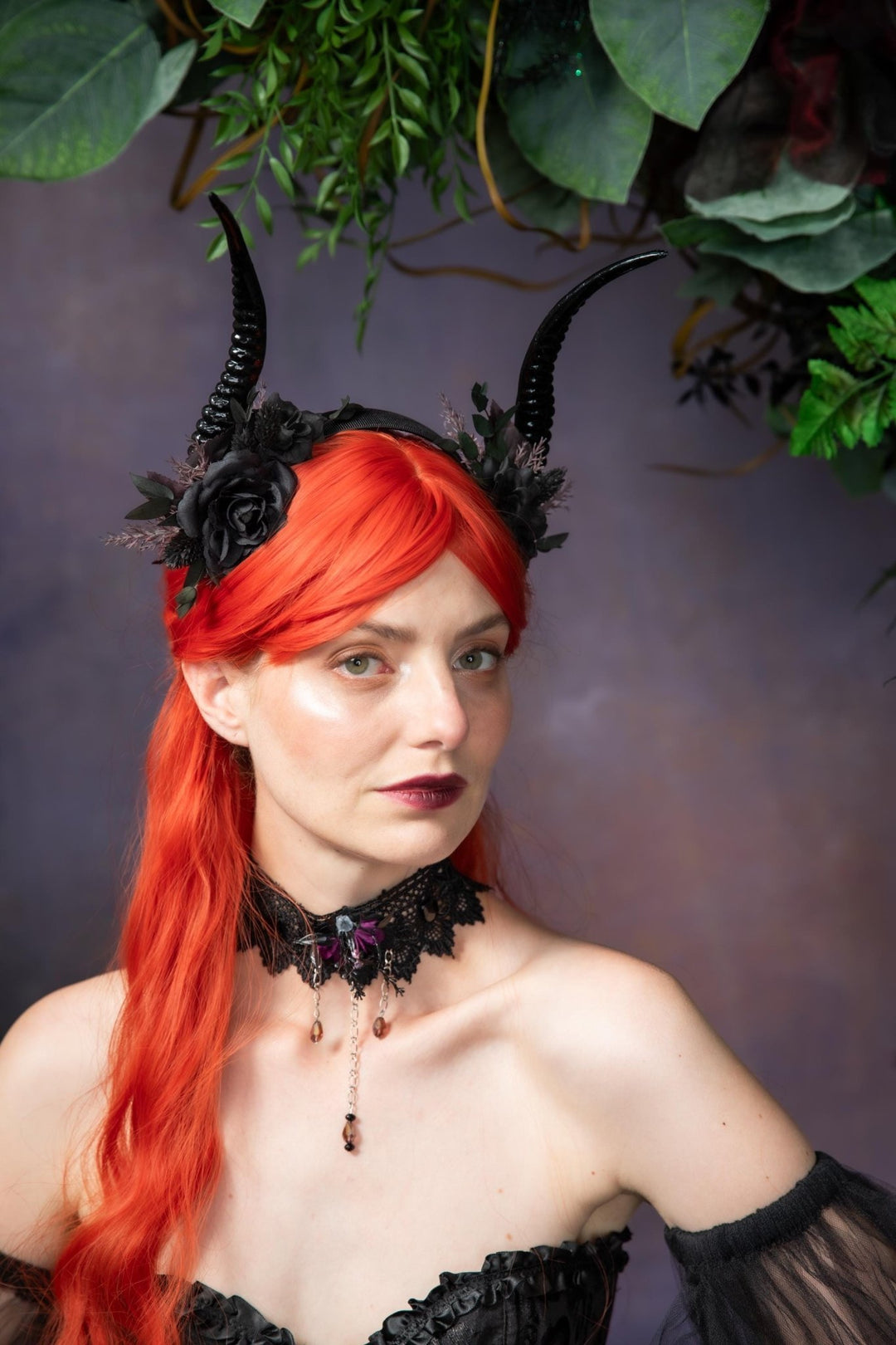 Black Horns Crown: Gothic Wedding Headpiece, Pagan Fest – handmade floral hair accessory by magaela